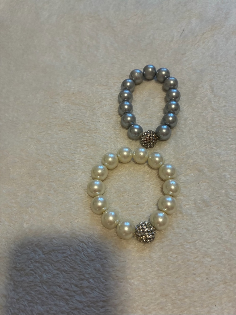 2 Pearl Bead Stretch Bracelet with Pave Accent - Ivory and Gray